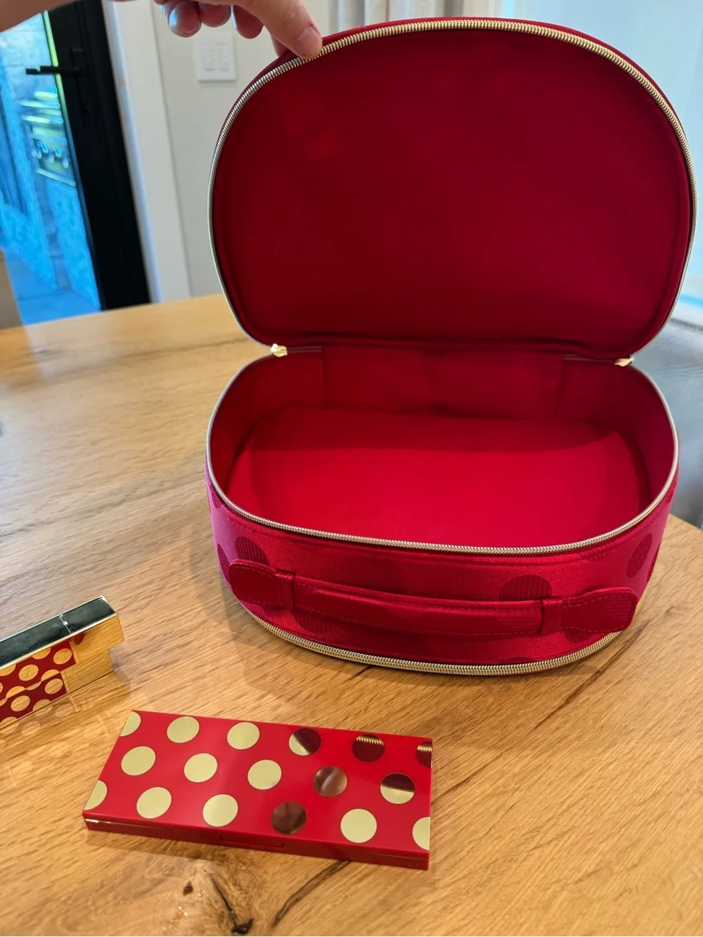 Estee Lauder Red Cosmetic Bag with Lipstick and Eyeshadow